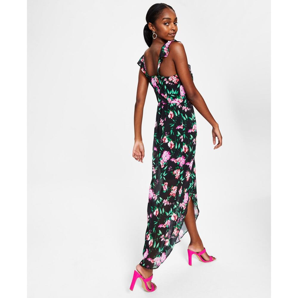 GUESS Ruffled High-Low Sleeveless Maxi Dress Black Pink Floral Size 10 - Picture 2 of 14